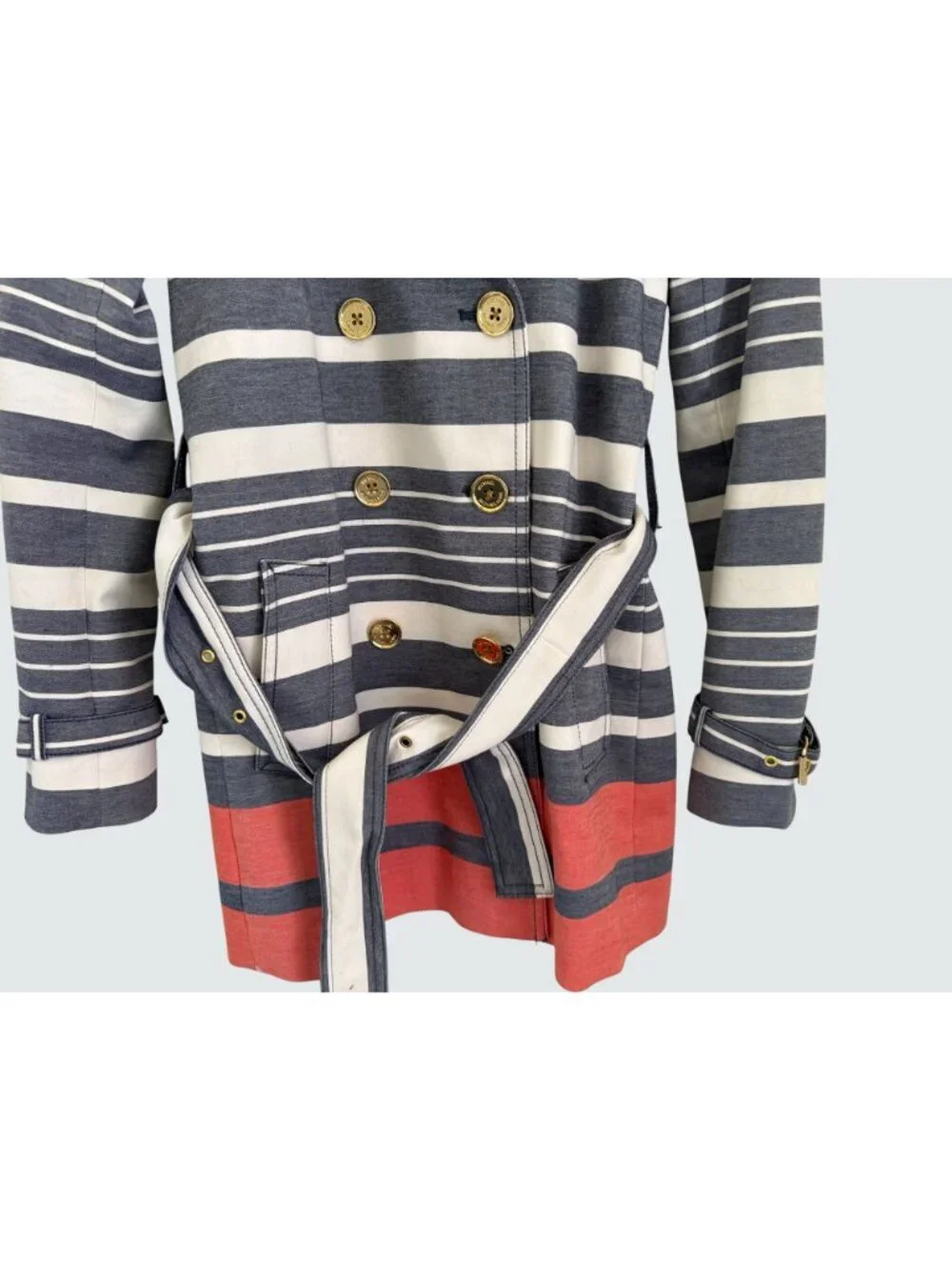 Michael Kors Womens Striped Double-Breasted Trench Coat XS Navy White Coral